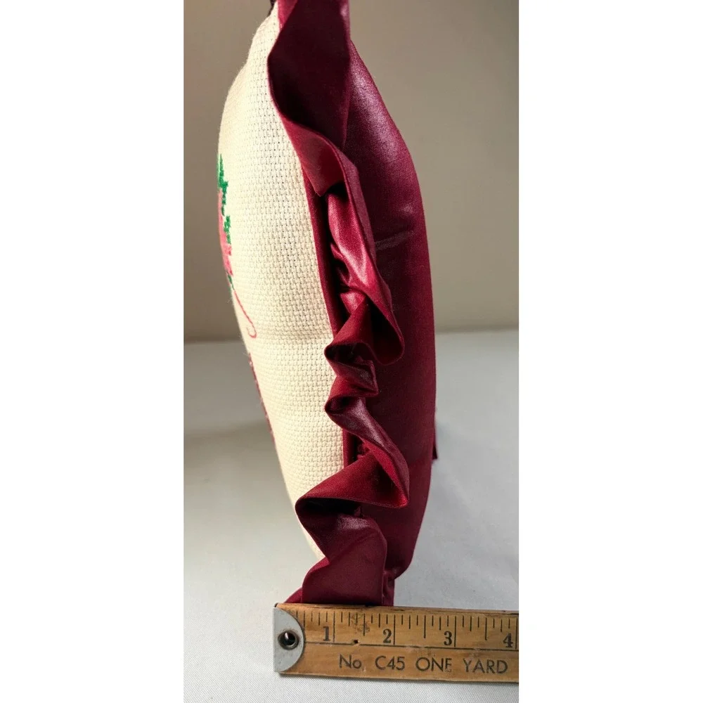 Vintage Handmade Cross Stitch Joy Christmas Pillow Burgundy Ruffle Poinsettia